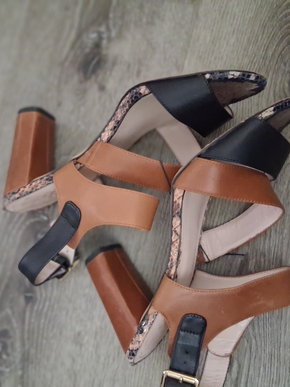 Vince Camuto Black and Brown Strappy Snakeskin Accent Sandals - Picture 3 of 5